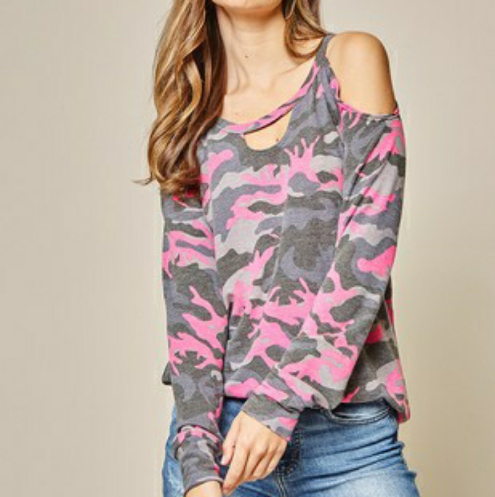 Camo Print Cold Shoulder Top